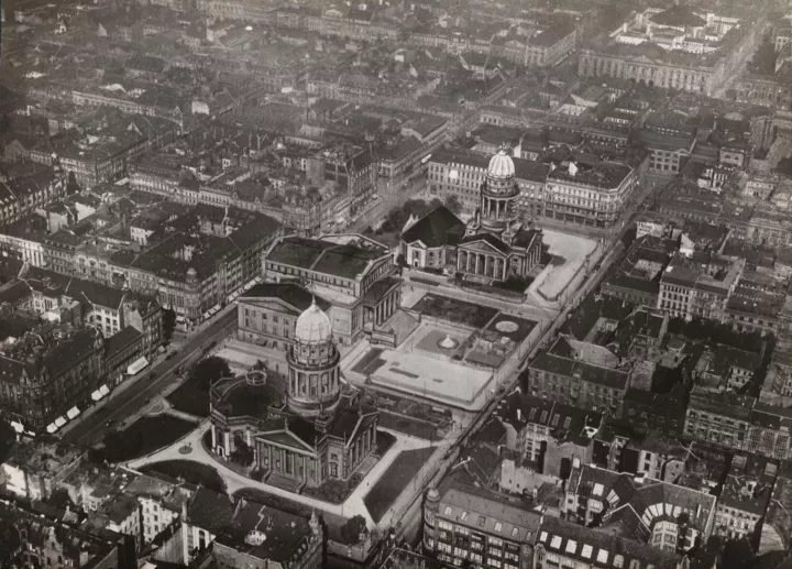Aerial view of Gendarmenmarkt in black and white